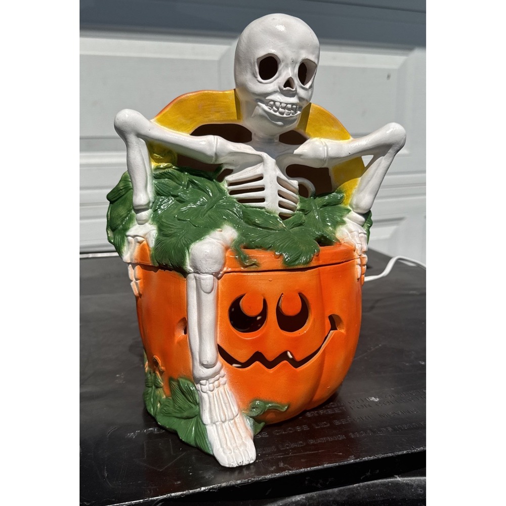 Vintage Halloween Jack-O-Lantern with SKELETON Luminary Candle Holder Spooky